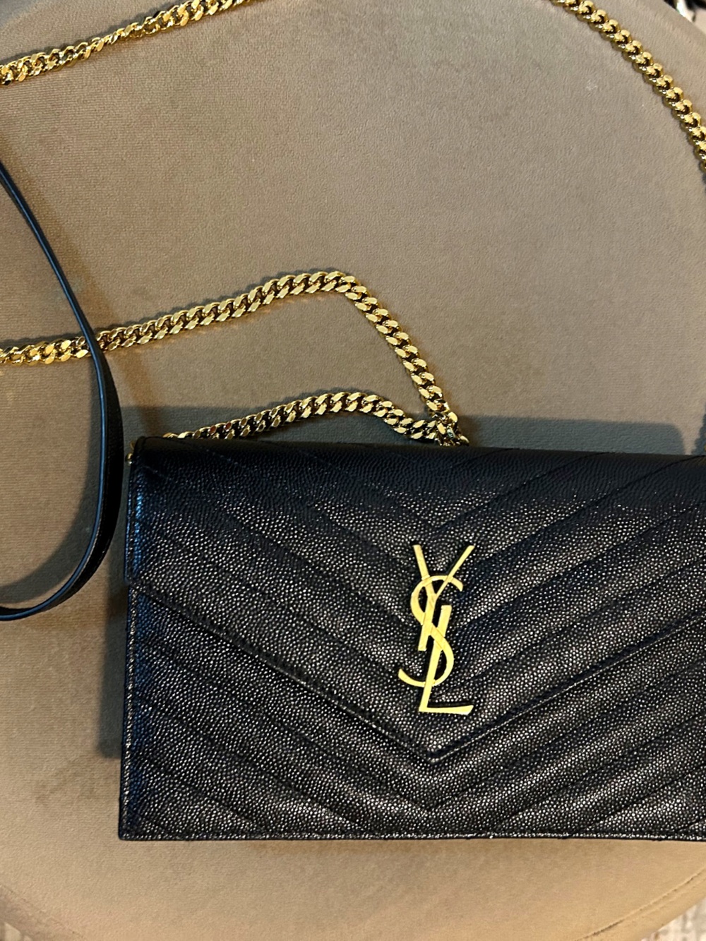 Saint Laurent Black Quilted Wallet-on-Chain with Gold Hardware